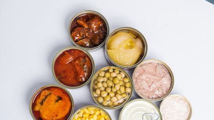 Canned food top view photo, Cans with pull-out ring, metal packaging.