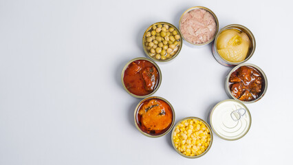Canned food top view photo, Cans with pull-out ring, metal packaging.