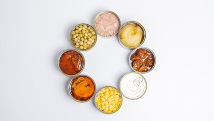 Canned food top view photo, Cans with pull-out ring, metal packaging.