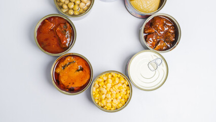 Canned food top view photo, Cans with pull-out ring, metal packaging.