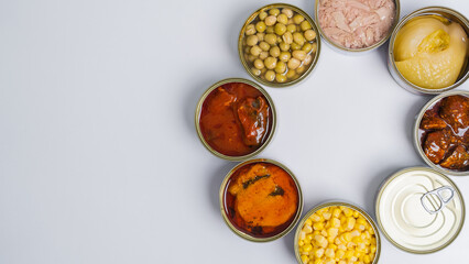 Canned food top view photo, Cans with pull-out ring, metal packaging.