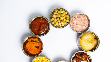 Canned food top view photo, Cans with pull-out ring, metal packaging.