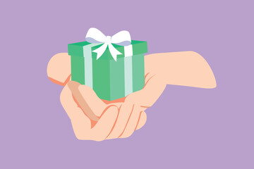Cartoon flat style drawing female hands holding beautiful small gift wrapped with white ribbon. Romantic surprise. Birthday presents cardboard box with ribbon logo. Graphic design vector illustration