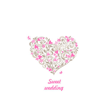 Beautiful blossoming decorative pastel bouquet in heart shape for wedding, birthday, mother’s day, Valentine’s day, baby arrival greeting card and invitations on white background.