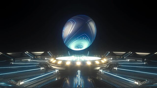 A futuristic sports concept of a rugby ball lit with neon markings floating and rotating seamlessly above a futuristic neon stage