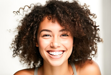 woman smiling with curly hair, portrait, cheerful, white isolated background, generative ai