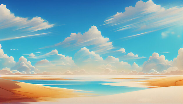 Warm Summer Beach Scene with Beautiful Sky - Creative Illustration with Copy Space