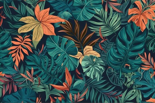 Tropical pattern with exotic leaves and plants. Generative AI