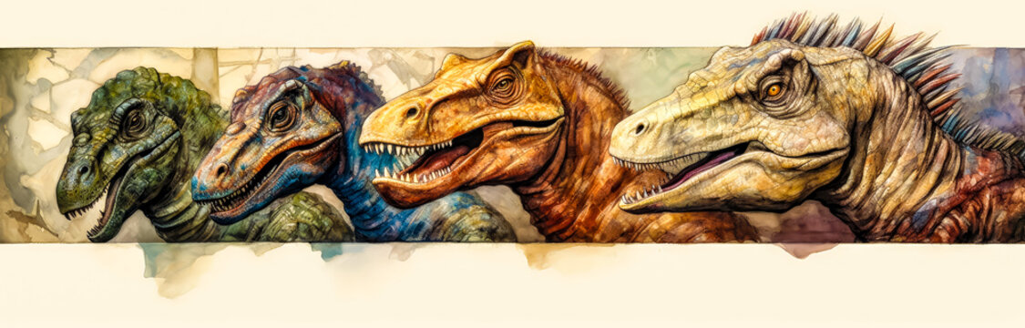 four dinosaurs in the banner, copy space, painting style, generative ai