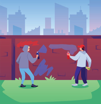 Flat vector illustration of bullies, Vandals damaging city building, Bandit teenagers sprays paint from balloon painting graffiti, spoils property
