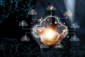 Big data analytics and business intelligence concept with chart and graph icons, cloud technology, Data storage, network, Internet, server services, online, system for sharing download,upload big data