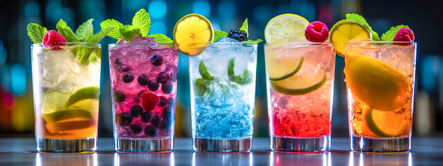 mixes colorful organic drinks with fresh fruit and ice, banner, made with Generative AI