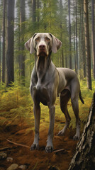 Weimaraner hunter dog standing in the woods forest 