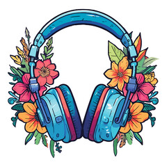 Concept watercolor illustration headphones with flowers and plants, sticker music headphones wired with flowers.