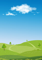Obraz na płótnie Canvas Spring Landscape Green fields,Mountain,Blue Sky and Clouds Background,Vertical peaceful rural nature Sunnyday Summer with grass land.Cartoon Vector illustration for Spring and Summer banner
