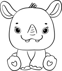 Cute happy cheerful adorable baby Rhino cartoon drawing outline for coloring page
