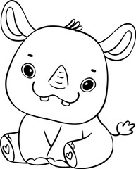 Cute happy cheerful adorable baby Rhino cartoon drawing outline for coloring page