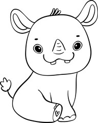 Cute happy cheerful adorable baby Rhino cartoon drawing outline for coloring page