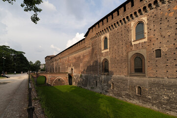 Entrance to the Sforzesco castle and its beautiful medieval walls