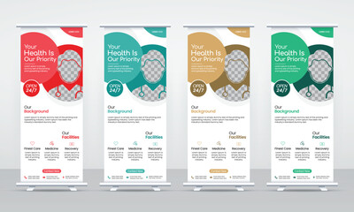 New medical healthcare roll up banner design template, standee cover layout set using circle shapes for multipurpose, exhibition, printing and presentation concept.