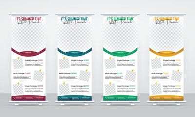 4 set of colorful travel roll up banner template for presentation & advertisement of tourist agency, easy to use & edit, vector layout for tour or travel purposes.