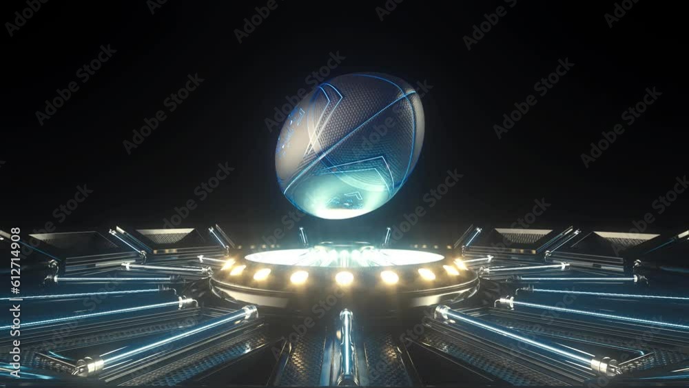 Poster A futuristic sports concept of a american football ball lit with neon markings floating and rotating seamlessly above a futuristic neon stage