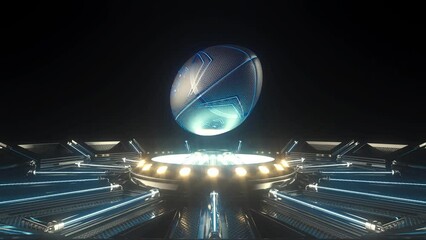 A futuristic sports concept of a american football ball lit with neon markings floating and rotating seamlessly above a futuristic neon stage - Powered by Adobe