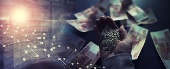 The concept of the cost of grain. 5000 ruble banknotes around a handful of ground grain. World...