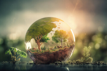 Green earth in sphere with beautiful light and green environment