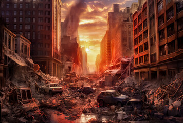 on a cityscape the first part of a zombie outbreak will appear, apocalypse landscape, light red and bronze, grandiose ruins