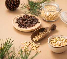 Pine nuts  in a jar and wooden scoop  on a yellow background with branches of pine needles and a cone close up. The concept of a natural, organic and healthy superfood
