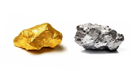 Gold stone and silver stone , isolated on white background, concept of precious metals mining and mineral extraction. gold and silver nugget - obrazy, fototapety, plakaty