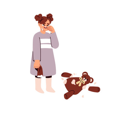 Sad crying child in bad whining mood. Weeping sobbing girl in tears with broken toy, torn teddy bear. Kid and childish problem, negative emotion. Flat vector illustration isolated on white background