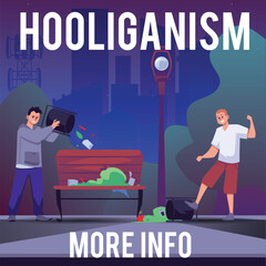 Hooligans littering in park, throwing garbage out of waste bins, poster template, flat vector illustration. - obrazy, fototapety, plakaty
