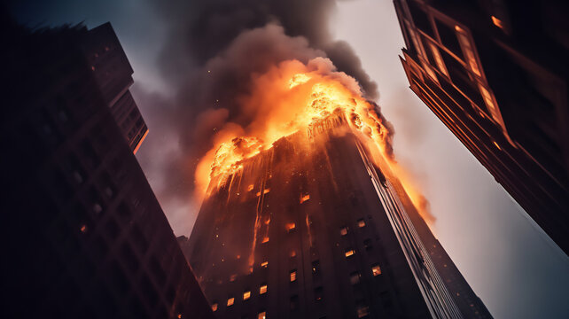 Skyscraper on fire bringing a blazing inferno to the architecture structure of the modern tower block building, computer Generative AI stock illustration image
