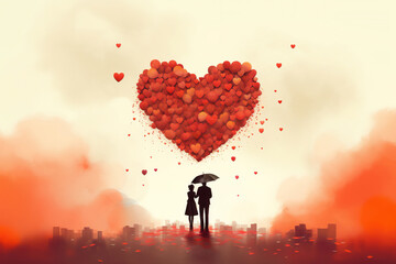 Young couple in love with a giant heart of red balloons above them while sharing a romantic moment on Valentine's Day while dating, computer Generative AI stock illustration