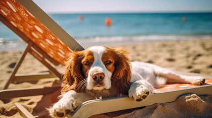 Spaniel dog on the beach, Hawaiian style, Summer beach and recreation, beach background, Relaxing on the beach, Dogs on vacation, AI generated