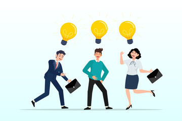 Smart thinking businessmen people office workers team up share light bulb lamp idea, sharing business ideas, collaboration meeting, sharing knowledge, teamwork thinking the same idea concept (Vector)