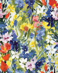 Wallpaper tileable watercolor pattern of flowers created with Generative AI technology
