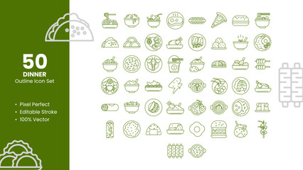 Set of 50 line icons related to Dinner. Pixel Perfect Icon. Outline icon collection. Editable stroke. Vector illustration.