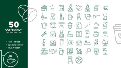 Set of 50 line icons related to Coffee Shop. Pixel Perfect Icon. Outline icon collection. Editable stroke. Vector illustration.