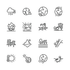 Set of greenhouse effect,  climate change icons, Global warming effect , earthquake, flooding, extreme temperature, ice melting. vector illustration