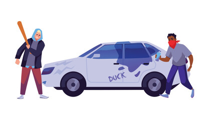 Aggressive vandals in mask damaging car with bat and paint, flat vector illustration isolated on white background.