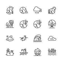 Set of greenhouse effect,  climate change icons, Global warming effect , earthquake, flooding, extreme temperature, ice melting. vector illustration