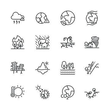 Set Of Greenhouse Effect,  Climate Change Icons, Global Warming Effect , Earthquake, Flooding, Extreme Temperature, Ice Melting. Vector Illustration