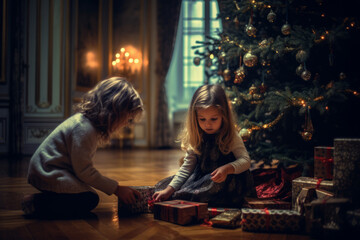 Obraz na płótnie Canvas Children opening presents under the Christmas tree. Generative AI
