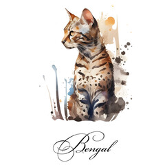Watercolor illustration of a single cat breed bengal. AI generated. Watercolor animal collection of cats. Cat portrait. Illustration of Pet.