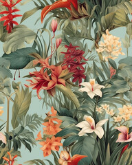Wallpaper tileable pattern of tropical plants created with Generative AI technology
