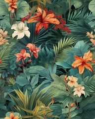 Wallpaper tileable pattern of tropical plants created with Generative AI technology