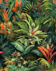 Obraz premium Wallpaper tileable pattern of tropical plants created with Generative AI technology